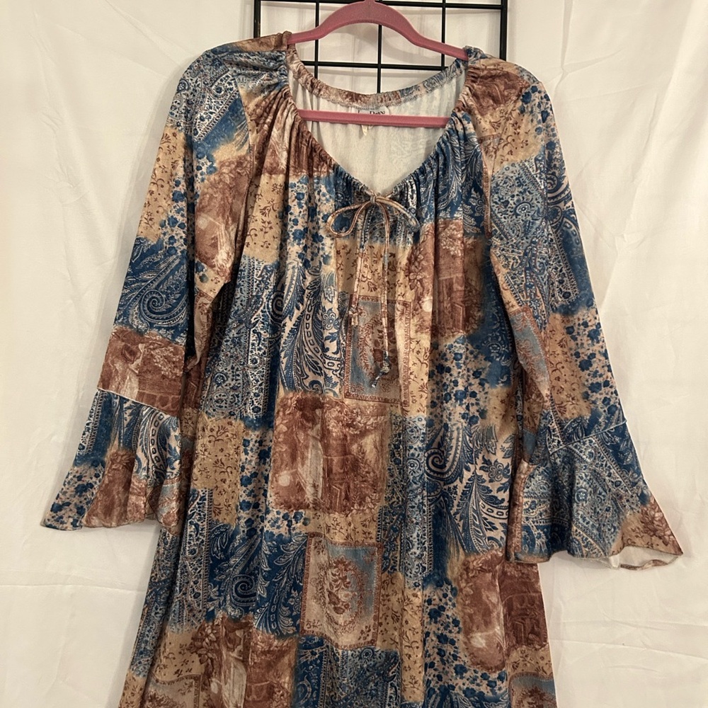 L Bohemian Patchwork Dress Stretchy Paisley Peasant Hippie